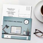 Our Office Moved Business Change of Address Desk Announcement Postcard<br><div class="desc">Our offices have moved to another building,  please update your address book. Complete the back with your custom company information to send out change of address postcards to all of your business contacts and clients. Simple,  modern desk art drawing for a fun new address postcard for a business.</div>