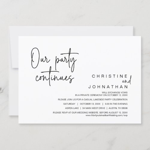 Our Party Continues Wedding Elopement Dinner Invitation