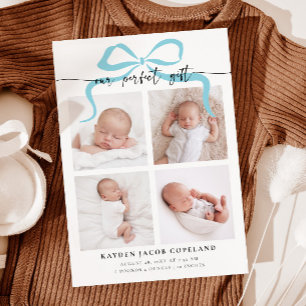 Our Perfect Gift Blue Bow Photo Birth Announcement