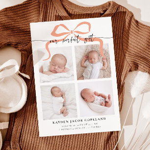 Our Perfect Gift Pink Bow Photo Birth Announcement
