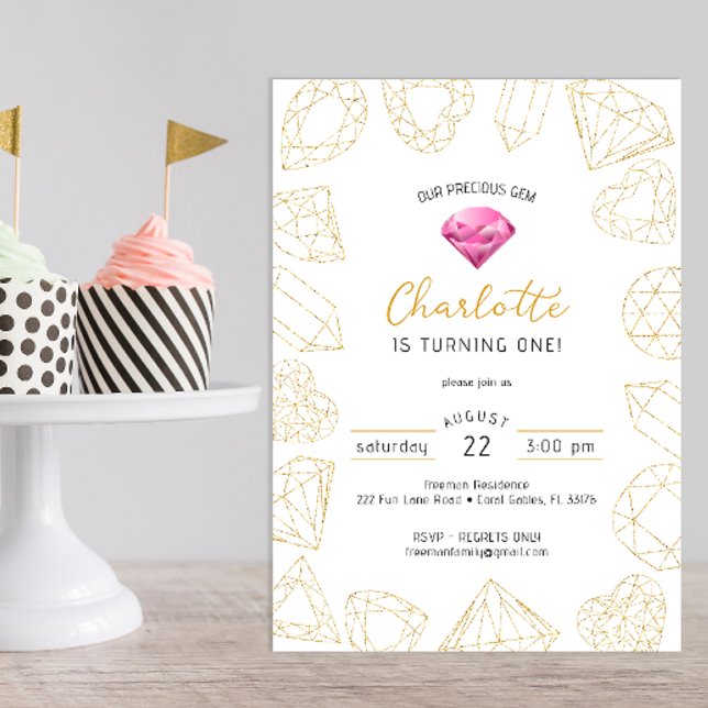 Our Precious Gem Pink & Gold Birthday Invite (gemstone gold glitter birthday party invitation, pink)