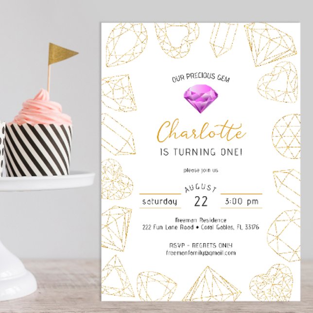 Our Precious Gem Purple & Gold Birthday Invite (gem gold glitter birthday party invitation)
