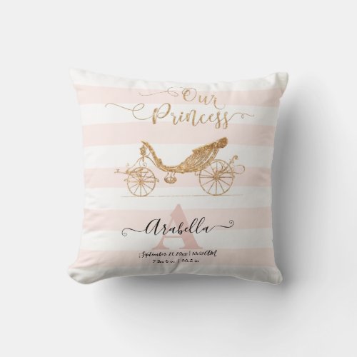 Our Princess Gold Glitter Blush Baby Girl Stats Throw Pillow