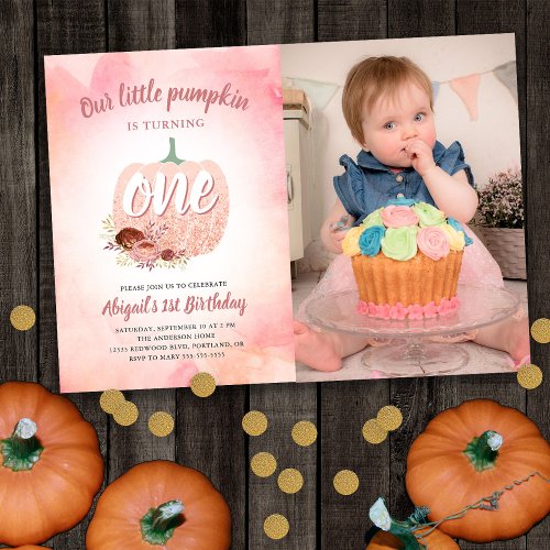 Our Pumpkin 1st Birthday Rose Gold Glitter Photo Invitation