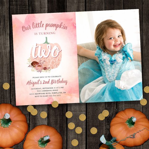 Our Pumpkin 2nd Birthday Rose Gold Glitter Photo Invitation