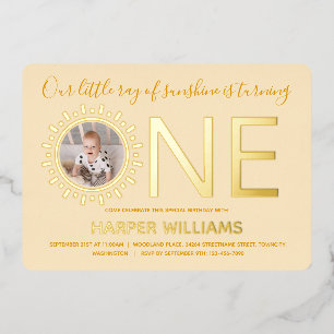 Our Ray of Sunshine Gold Photo Baby 1st Birthday Foil Invitation