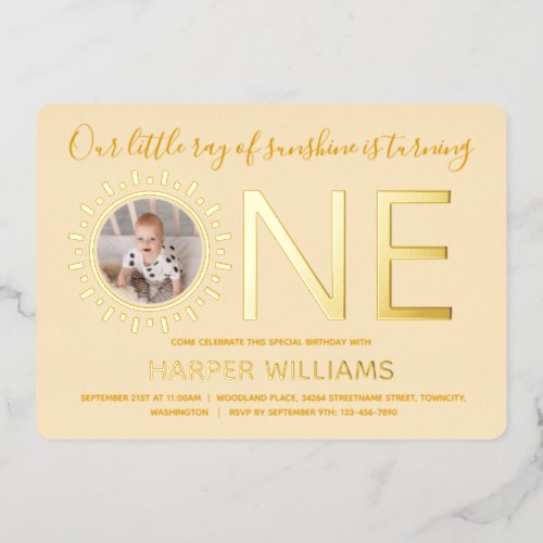 Our Ray of Sunshine Gold Photo Baby 1st Birthday Foil Invitation