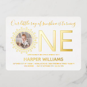 Our Ray of Sunshine Gold Photo Baby First Birthday Foil Invitation