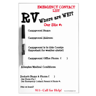 Our RV Emergency Info-Where are we? White Board