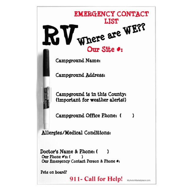 Our RV Emergency Info-Where are we? White Board (Front)