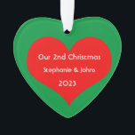 Our Second Christmas Together 2023 Cute Red Heart  Ornament<br><div class="desc">Personalized names and printed with cute red heart design in solid green background. Feel free to customize by adding your own texts,  names or photos. You can add your photo on the back side of the ornament easily!
The color of the background can also be changed as you want.</div>