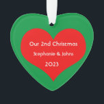 Our Second Christmas Together 2023 Cute Red Heart  Ornament<br><div class="desc">Personalized names and printed with cute red heart design in solid green background. Feel free to customize by adding your own texts,  names or photos. You can add your photo on the back side of the ornament easily!
The color of the background can also be changed as you want.</div>