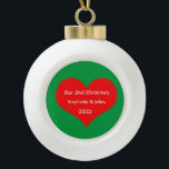 Our Second Christmas Together Cute Red Heart 2023  Ceramic Ball Christmas Ornament<br><div class="desc">Personalized names and printed with cute red heart design in solid green background. Feel free to customize by adding your own texts,  names or photos. You can add your photo on the back side of the ornament easily!
The color of the background can also be changed as you want.</div>