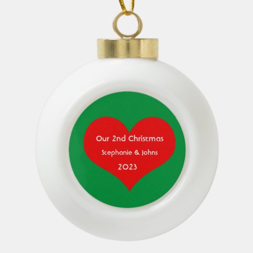 Our Second Christmas Together Cute Red Heart 2023  Ceramic Ball Christmas Ornament