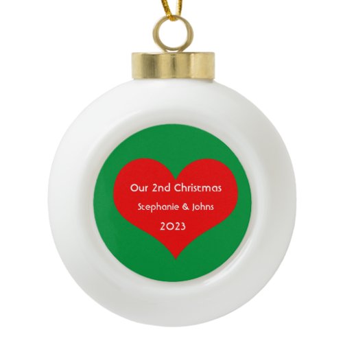 Our Second Christmas Together Cute Red Heart 2023  Ceramic Ball Christmas Ornament