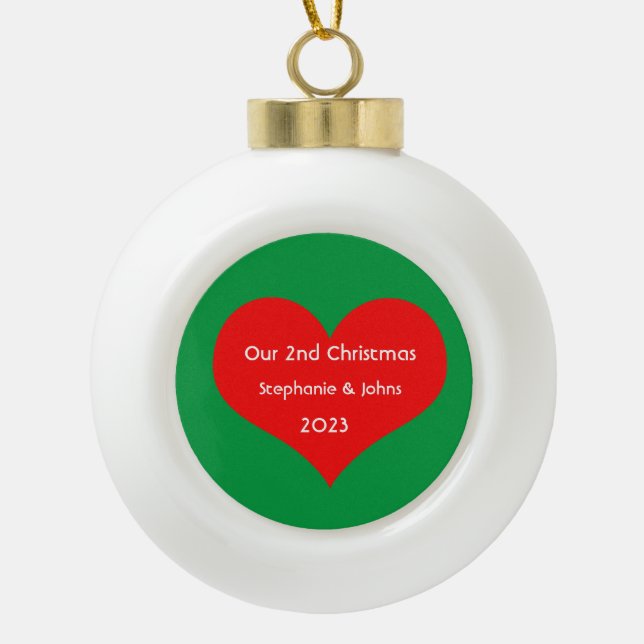Our Second Christmas Together Cute Red Heart 2023  Ceramic Ball Christmas Ornament (Front)