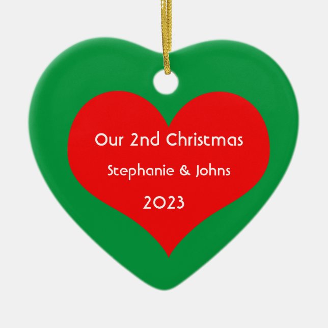 Our Second Christmas Together Cute Red Heart 2023 Ceramic Ornament (Front)