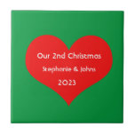 Our Second Christmas Together Cute Red Heart 2023  Ceramic Tile<br><div class="desc">Personalized names and printed with cute red heart design in solid green background. Feel free to customize by adding your own texts,  names or photos. The color of the background and the year can also be changed as you want!</div>