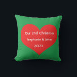 Our Second Christmas Together Cute Red Heart 2023  Outdoor Pillow<br><div class="desc">Personalized names and printed with cute red heart design in solid green background. Feel free to customize by adding your own texts,  names or photos. The color of the background and the year can also be changed as you want!</div>