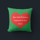 Our Second Christmas Together Cute Red Heart 2023  Outdoor Pillow<br><div class="desc">Personalized names and printed with cute red heart design in solid green background. Feel free to customize by adding your own texts,  names or photos. The color of the background and the year can also be changed as you want!</div>