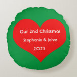 Our Second Christmas Together Cute Red Heart 2023  Round Pillow<br><div class="desc">Personalized names and printed with cute red heart design in solid green background. Feel free to customize by adding your own texts,  names or photos. The color of the background and the year can also be changed as you want!</div>