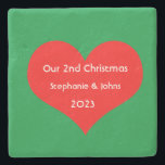 Our Second Christmas Together Cute Red Heart 2023  Stone Coaster<br><div class="desc">Personalized names and printed with cute red heart design in solid green background. Feel free to customize by adding your own texts,  names or photos. The color of the background and the year can also be changed as you want!</div>