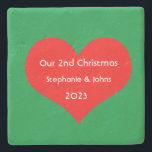 Our Second Christmas Together Cute Red Heart 2023  Stone Coaster<br><div class="desc">Personalized names and printed with cute red heart design in solid green background. Feel free to customize by adding your own texts,  names or photos. The color of the background and the year can also be changed as you want!</div>