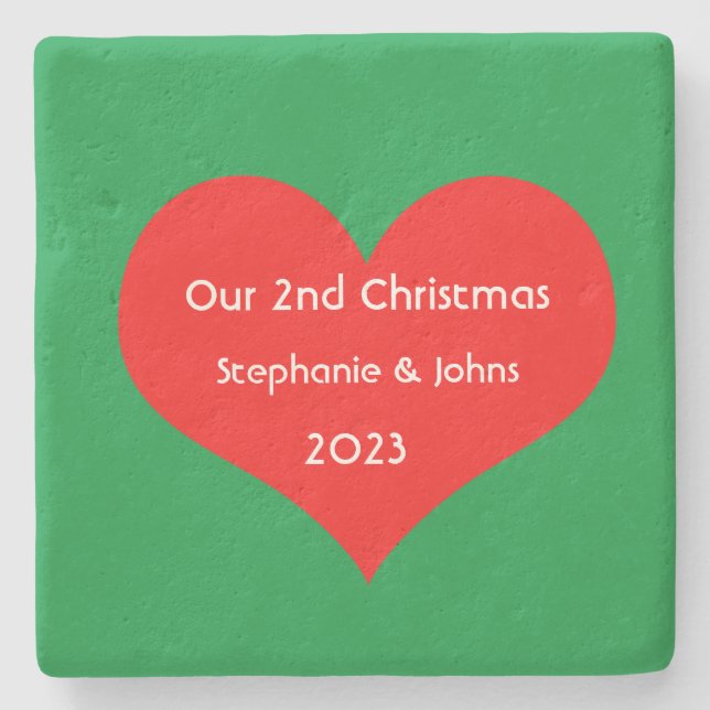 Our Second Christmas Together Cute Red Heart 2023  Stone Coaster (Front)