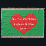 Our Second Christmas Together Cute Red Heart 2023  Throw Blanket<br><div class="desc">Personalized names and printed with cute red heart design in solid green background. Feel free to customize by adding your own texts,  names or photos. The color of the background and the year can also be changed as you want!</div>