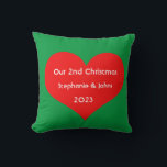Our Second Christmas Together Cute Red Heart 2023  Throw Pillow<br><div class="desc">Personalized names and printed with cute red heart design in solid green background. Feel free to customize by adding your own texts,  names or photos. The color of the background and the year can also be changed as you want!</div>