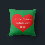 Our Second Christmas Together Cute Red Heart 2023  Throw Pillow<br><div class="desc">Personalized names and printed with cute red heart design in solid green background. Feel free to customize by adding your own texts,  names or photos. The color of the background and the year can also be changed as you want!</div>