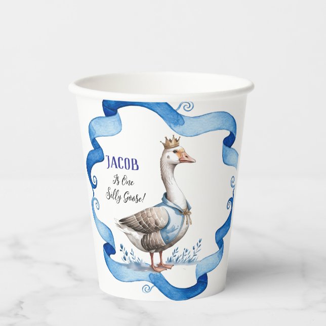 Our Silly Goose Is Turning One Boy Birthday Paper Cups (Front)