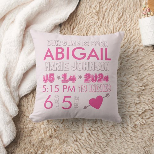Our Star is Born Baby Girl Pink Birth Stats Throw Pillow