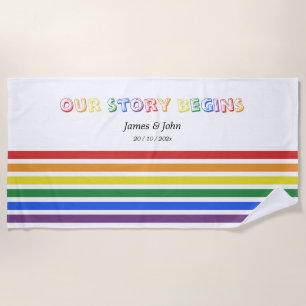 Our Story Begins Rainbow LGBTQ Flag Couple Beach Towel