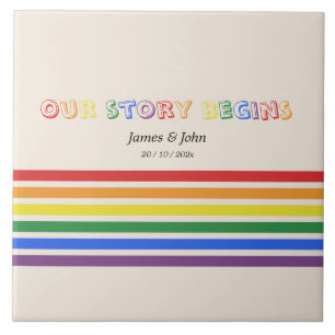 Our Story Begins Rainbow LGBTQ Flag Couple Ceramic Tile