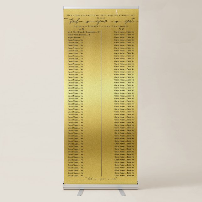 Our Story Gold Wedding Alphabetic Seating Chart Retractable Banner (Front)