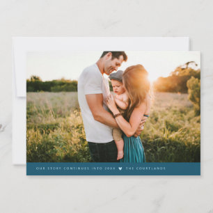 Our Story Minimalist New Years Photo Teal Holiday Card