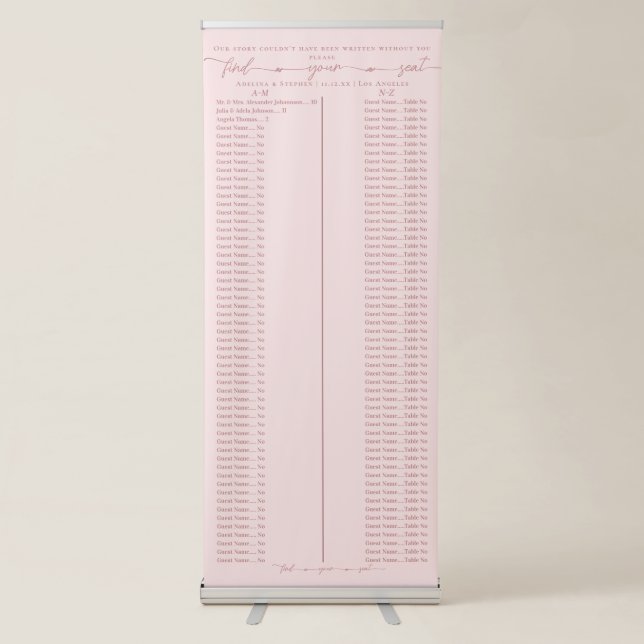 Our Story Pink Wedding Alphabetic Seating Chart Retractable Banner (Front)