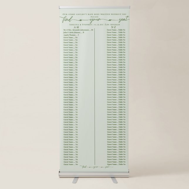Our Story Sage Wedding Alphabetic Seating Chart Retractable Banner (Front)