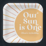 Our Sun is One Boho Sunshine birthday Paper Plates<br><div class="desc">Our Sun is One birthday napkins pink and yellow.</div>