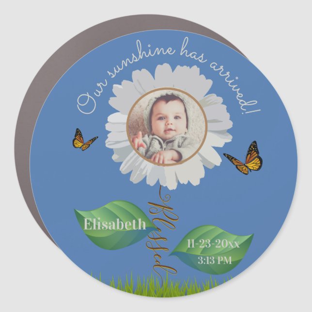 Our Sunshine Baby Announcement Floral Daisy Photo  Car Magnet (Front)