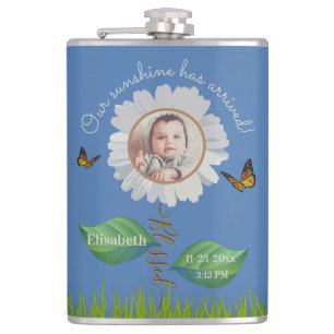 Our Sunshine Baby Announcement Floral Daisy Photo  Flask