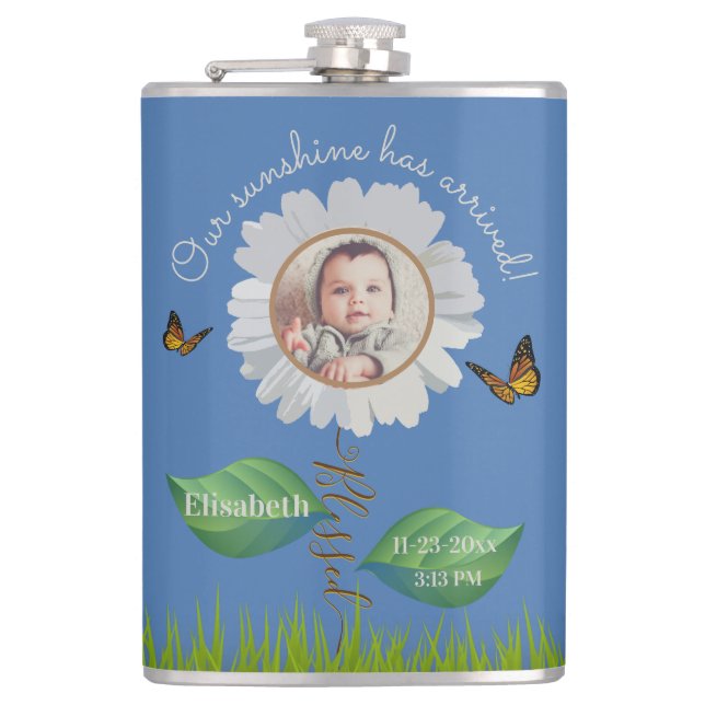 Our Sunshine Baby Announcement Floral Daisy Photo  Flask (Front)