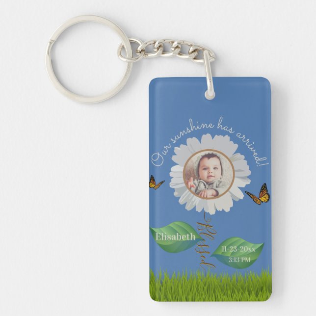 Our Sunshine Baby Announcement Floral Daisy Photo  Keychain (Front)
