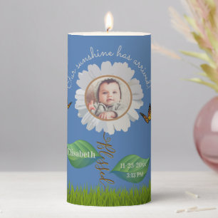 Our Sunshine Baby Announcement Floral Daisy Photo  Pillar Candle