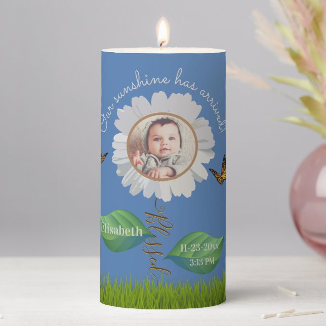 Our Sunshine Baby Announcement Floral Daisy Photo  Pillar Candle (In Situ)