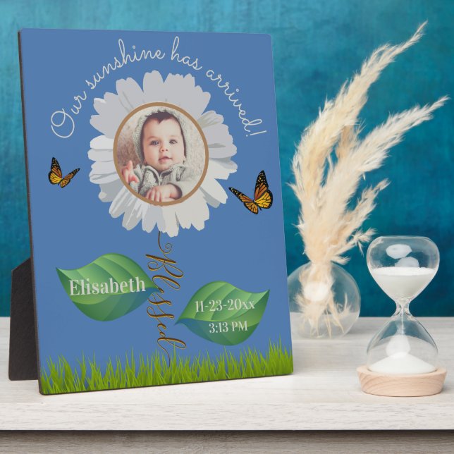 Our Sunshine Baby Announcement Floral Daisy Photo  Plaque (Side)