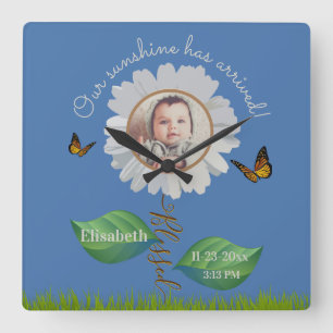 Our Sunshine Baby Announcement Floral Daisy Photo  Square Wall Clock
