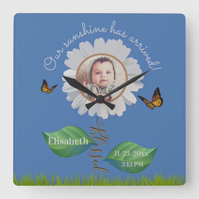 Our Sunshine Baby Announcement Floral Daisy Photo  Square Wall Clock (Front)