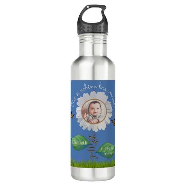 Our Sunshine Baby Announcement Floral Daisy Photo  Stainless Steel Water Bottle (Front)